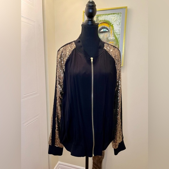 ✅Xhiliration gold sequin zip bomber sweatshirt / black/ front pockets/ NWOT  🖤💛 - Picture 7 of 15